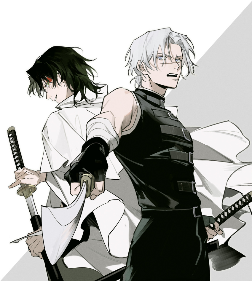 2boys, bandaged_arm, bandages, black_gloves, black_hair, blue_eyes, chinese_commentary, cloak