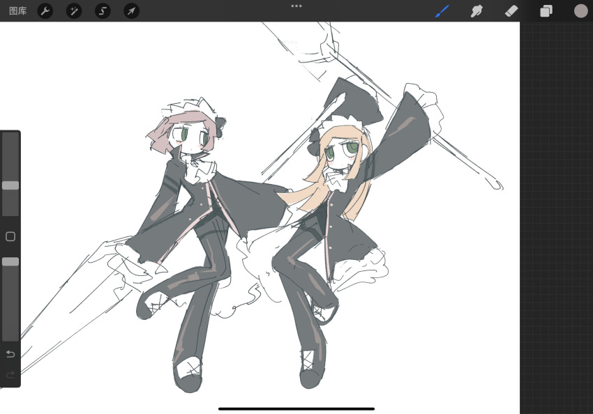 2girls, ascot, black_bow, black_pants, blonde_hair, bow, brown_hair, frilled_jacket