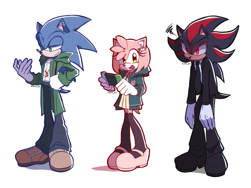 1girl, 2boys, :d, amy_rose, animal_ears, artist_name, black_fur, black_jacket