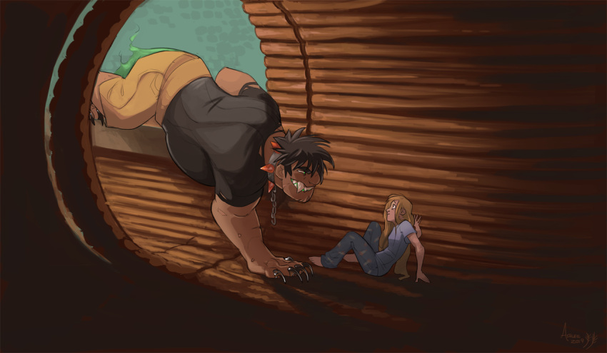 1boy, 1girl, alf_(greekceltic), barefoot, black_shirt, blonde_hair, blue_shirt, brown_shorts