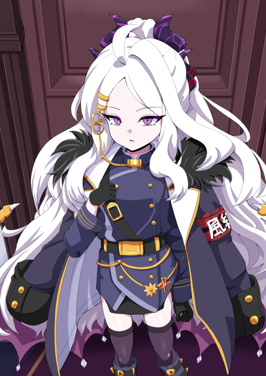 1girl, ahoge, armband, black_coat, black_gloves, black_skirt, black_thighhighs, blue_archive, breasts, coat, coat_on_shoulders, demon_girl, demon_horns, demon_wings, gloves, highres, hina_(blue_archive), horns, indoors, long_hair, looking_at_viewer, low_wings, mega_w_ww2, red_armband, skirt, small_breasts, solo, standing, thigh-highs, thighs, very_long_hair, violet_eyes, white_hair, wings