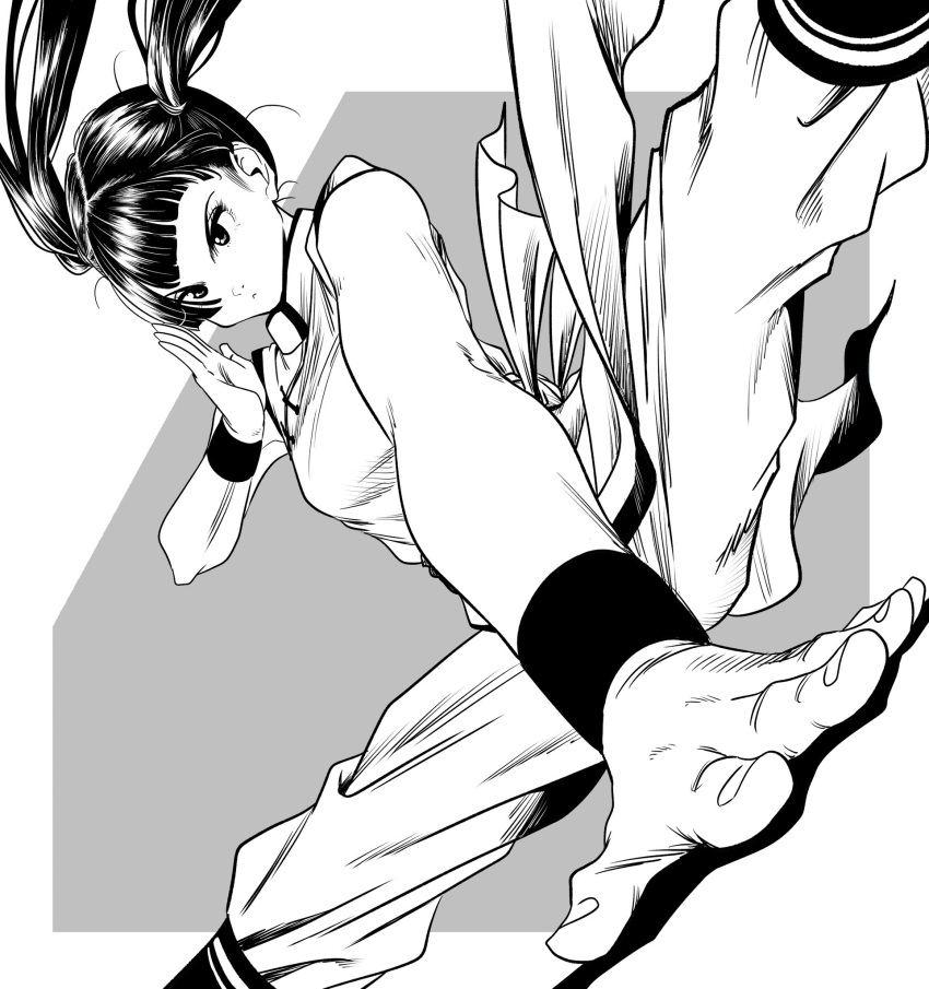 1girl, blunt_bangs, breasts, chinese_clothes, commentary_request, dutch_angle, foreshortening, greyscale