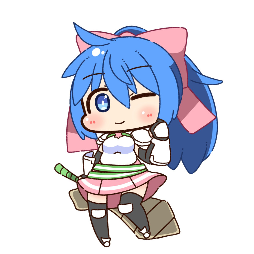 1girl, armor, black_gloves, black_thighhighs, blue_eyes, blue_hair, blush, bow
