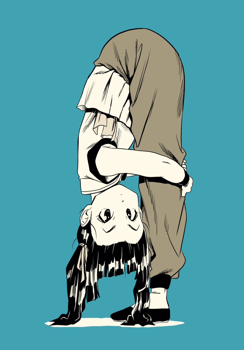 1girl, blue_background, blunt_bangs, chinese_clothes, commentary_request, from_side, frontbend, full_body