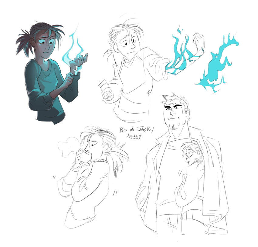 1boy, 1girl, blue_shirt, bo_(greekceltic), dated, fire, greekceltic, green_eyes, jacket, jacky_(greekceltic), long_sleeves, magic, medium_hair, open_clothes, open_jacket, orange_hair, original, pants, ponytail, shirt, short_hair, signature, simple_background, white_background