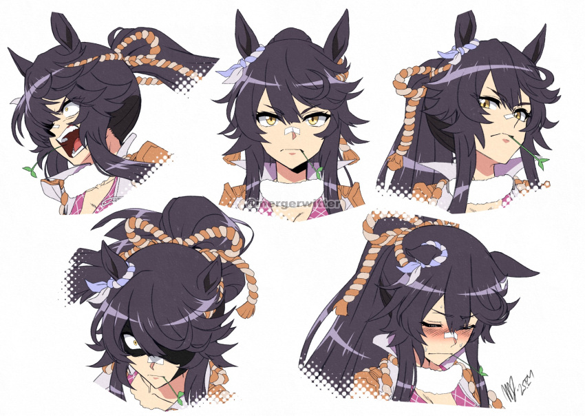 1girl, animal_ears, bandaid, bandaid_on_face, bandaid_on_nose, black_hair, blush, closed_eyes