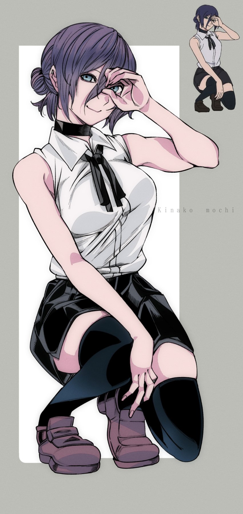 1girl, absurdres, artist_name, black_choker, black_ribbon, black_shorts, border, breasts