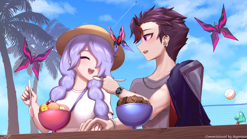 1boy, 1girl, absurdres, beach, beach_volleyball, blue_sky, braid, bug