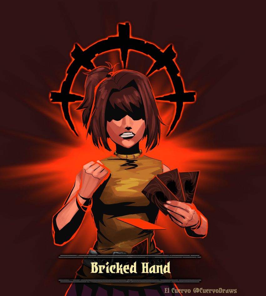 1girl, absurdres, affliction_(darkest_dungeon), artist_name, bare_shoulders, belt, breasts, brown_hair