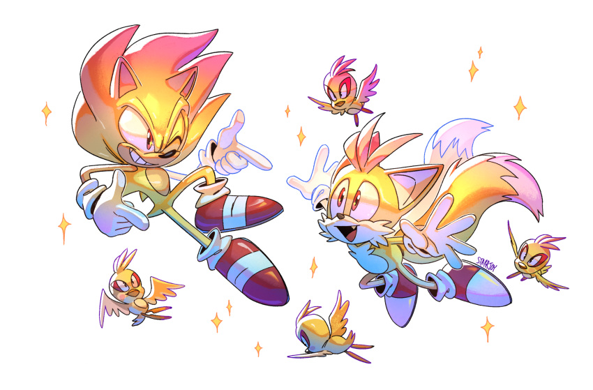 2boys, bird, commentary, english_commentary, fang, finger_gun, flicky_(character), flying