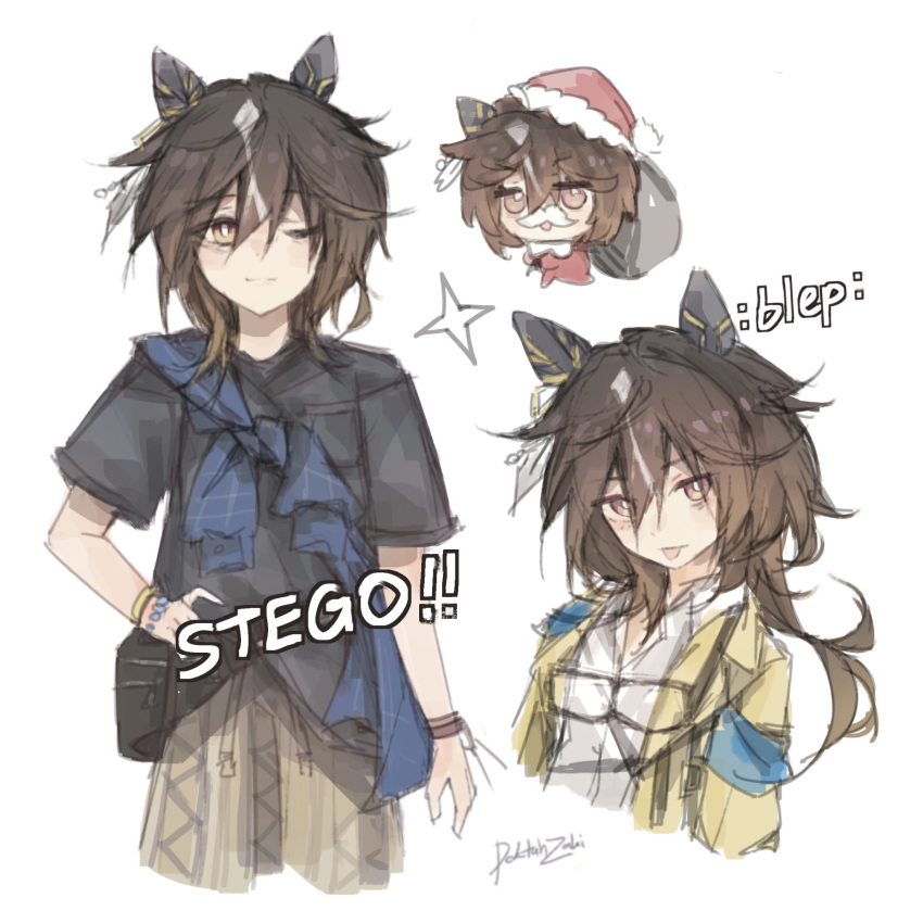 1girl, animal_ears, black_hair, black_shirt, blue_shirt, blush, bracelet, brown_eyes