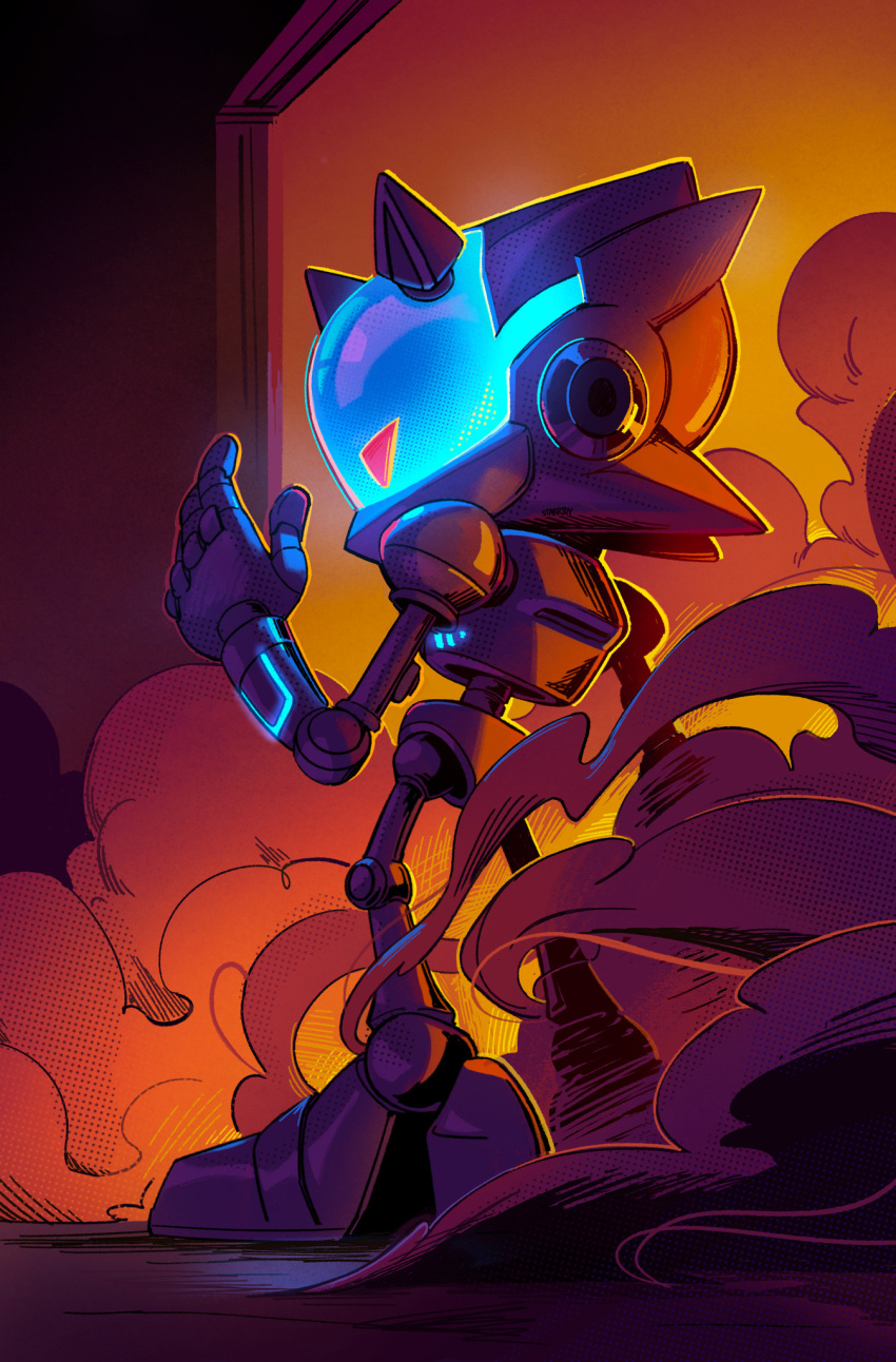 1boy, animal_ears, arm_up, armor, blue_armor, blue_light, chaos_sonic, commentary