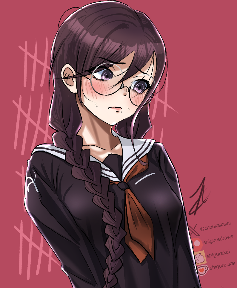 1girl, artist_name, black_shirt, blush, braid, closed_mouth, collared_shirt, commentary