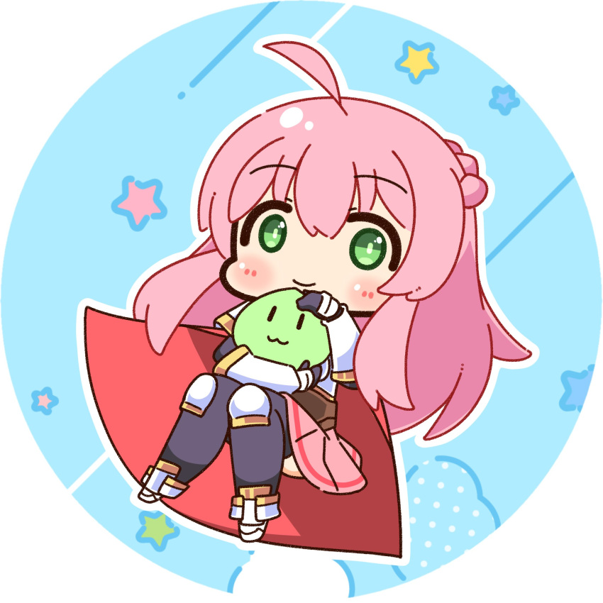 1girl, ahoge, armored_boots, black_thighhighs, blush, boots, cape, chibi