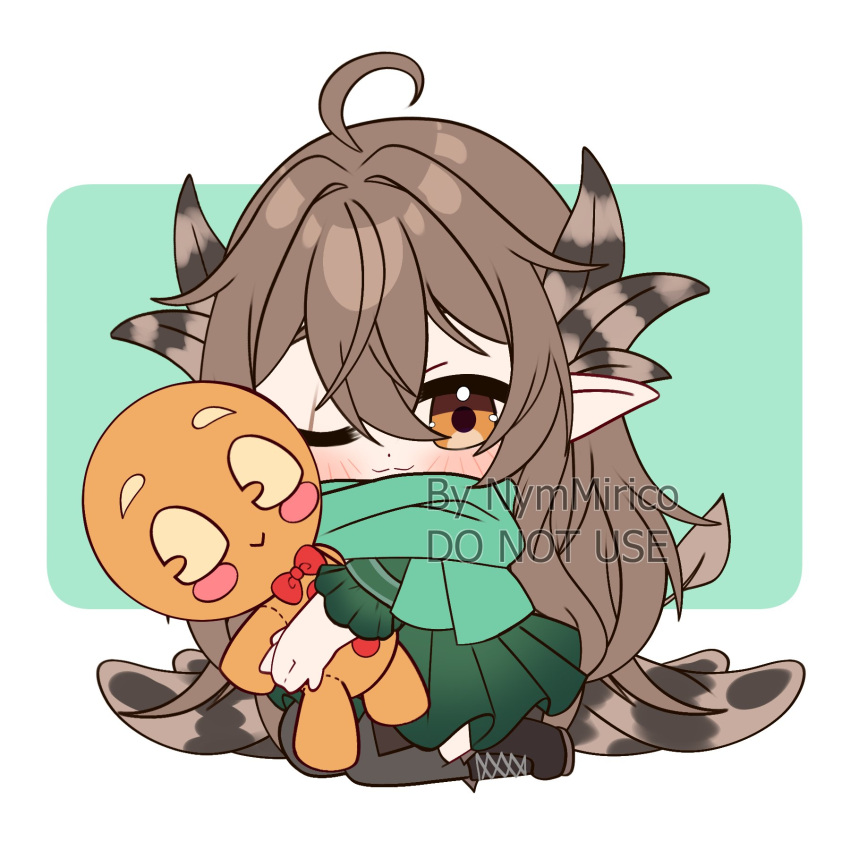 1girl, ahoge, artist_name, bird_girl, bird_tail, black_boots, boots, brown_eyes, brown_hair, chibi, chibi_only, commentary, commission, dress, english_commentary, feather_hair_ornament, feathers, full_body, green_dress, green_scarf, hair_between_eyes, hair_ornament, highres, holding, holding_stuffed_toy, indie_virtual_youtuber, kumi_(vtuber), long_hair, nymmirico, one_eye_closed, pointy_ears, scarf, simple_background, sitting, solo, stuffed_toy, tail, virtual_youtuber, watermark