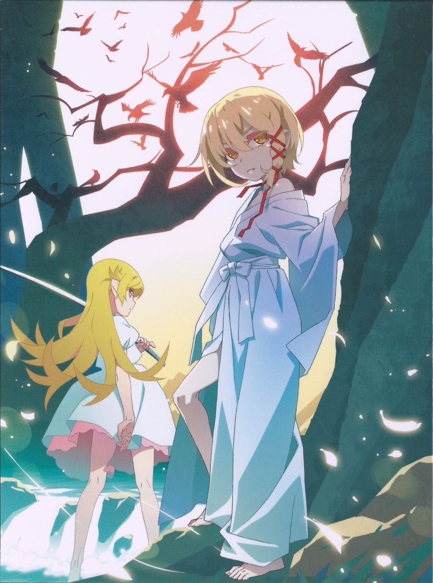 2girls, absurdres, arm_at_side, backlighting, bare_legs, bare_tree, barefoot, bird