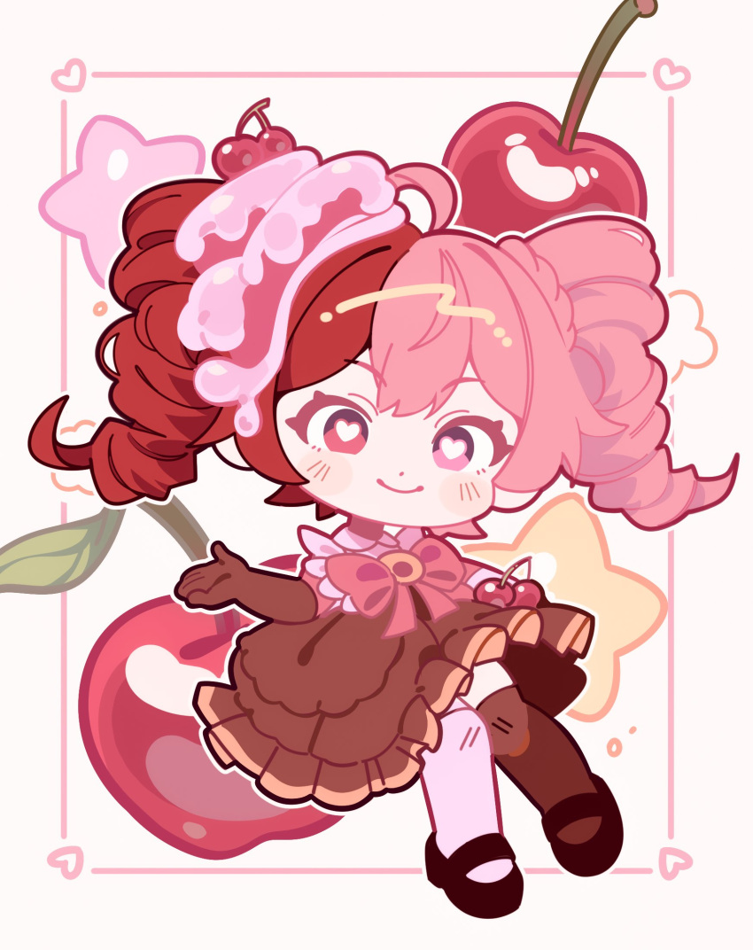 1girl, ahoge, asymmetrical_legwear, black_shoes, bow, brown_dress, brown_gloves, brown_thighhighs, cherry, chibi, commentary, dress, drill_hair, english_commentary, evil_cactus, food, fruit, gloves, heart, heart-shaped_pupils, heterochromia, highres, lolita_fashion, looking_at_viewer, luna_snow, luna_snow_(cherry_delight), marvel, marvel_rivals, mary_janes, mismatched_legwear, mismatched_thighhighs, multicolored_hair, official_alternate_costume, pink_eyes, pink_hair, pink_thighhighs, red_bow, red_hair, shoes, smile, solo, split-color_hair, star_(symbol), sweet_lolita, symbol-shaped_pupils, thigh-highs, twin_drills, white_background