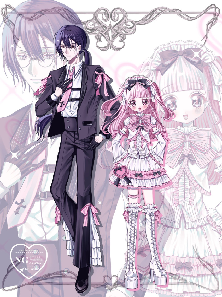 1boy, 1girl, accurate_lolita_coord, black_coat, black_jacket, blush, boots, bow