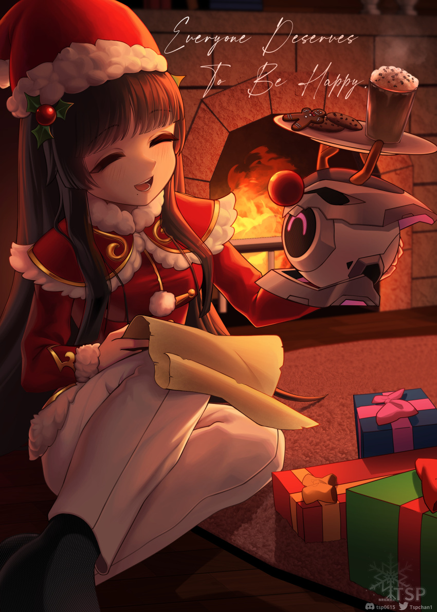 1girl, absurdres, antlers, artist_logo, artist_name, black_hair, blunt_bangs, closed_eyes