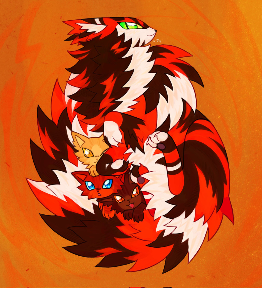 :3, :o, animal, animal_focus, baby_animal, blue_eyes, brother_and_sister, brothers, brown_cat, calico_(pattern), calico_cat, cat, claws, commentary, corrupted_twitter_file, dawnpelt, english_commentary, flametail_(warrior_cats), green_eyes, highres, kitten, kitty_(fernwhisker), looking_at_viewer, mother_and_daughter, mother_and_son, no_humans, orange_background, orange_cat, orange_eyes, power_of_three, siblings, simple_background, tawnypelt, tigerheart, warrior_cats, yellow_cat