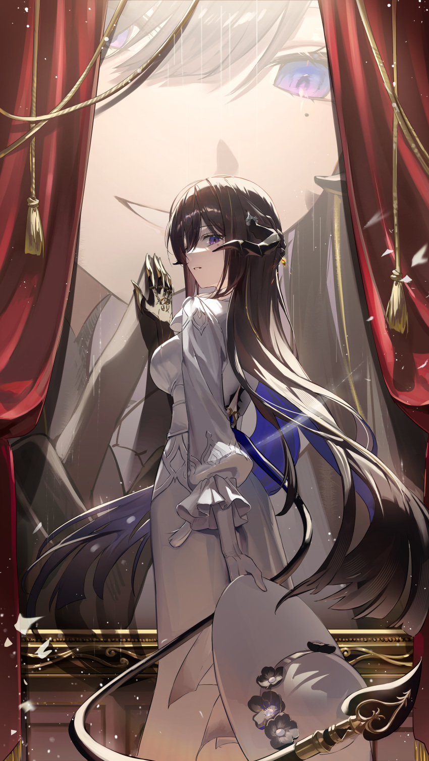 1girl, absurdres, black_gloves, black_hair, breasts, commentary_request, curtains, demon_girl