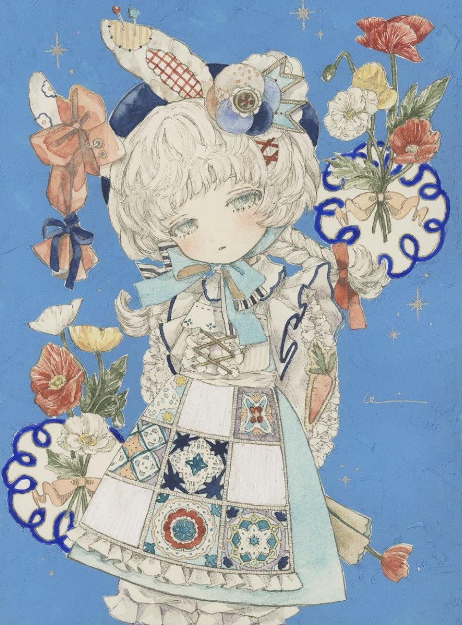 1girl, acrylic_paint_(medium), animal_ears, apron, arms_behind_back, beret, blue_background, blue_dress