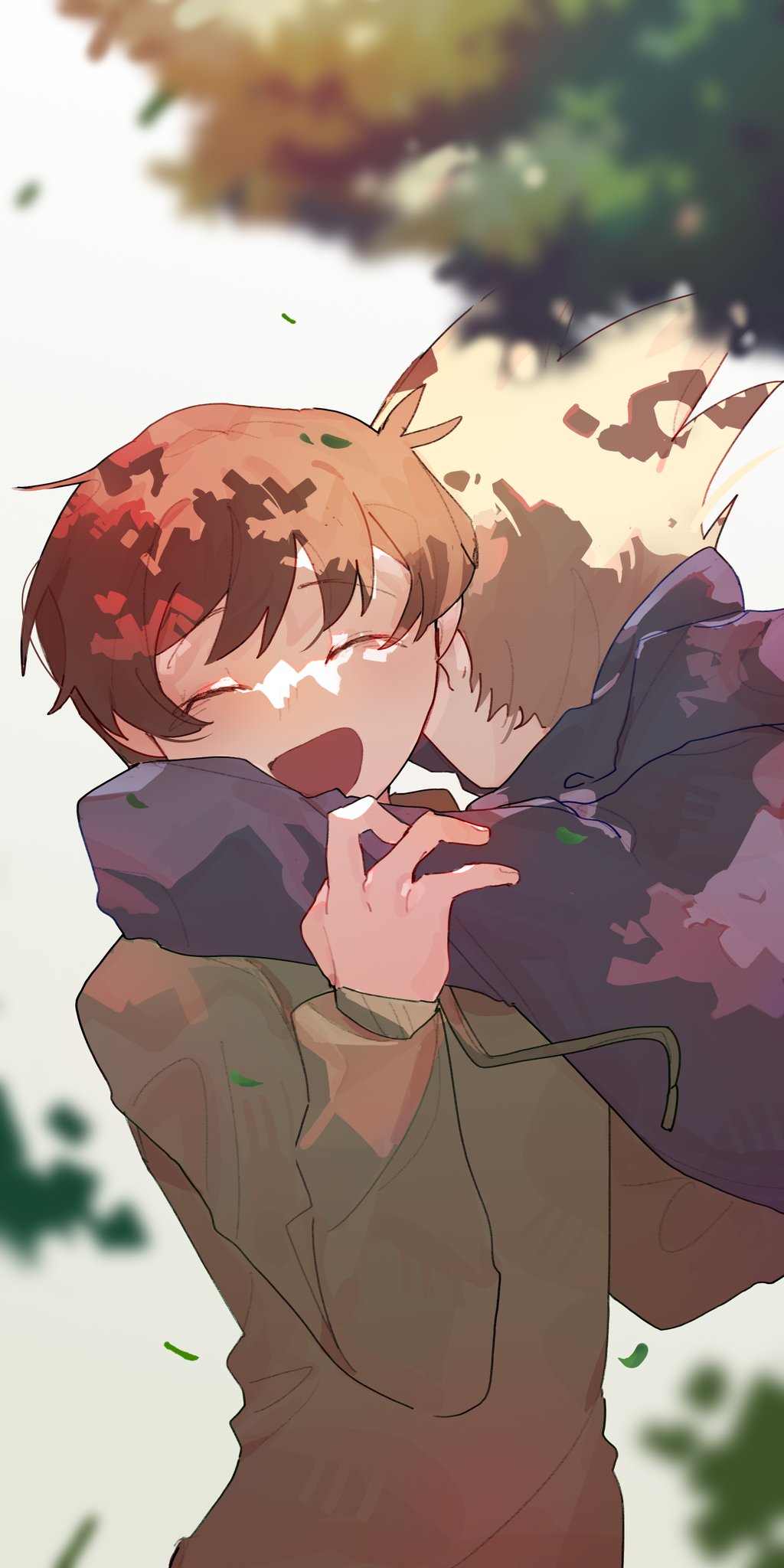 2boys, :d, animification, antenna_hair, blue_hoodie, brown_hair, carbonmoon, closed_eyes, commentary, drawstring, edd_(eddsworld), eddsworld, green_hoodie, happy, highres, hood, hood_down, hoodie, hug, leaf, long_sleeves, male_focus, multiple_boys, open_mouth, short_hair, simple_background, smile, spiky_hair, symbol-only_commentary, tom_(eddsworld), upper_body, white_background