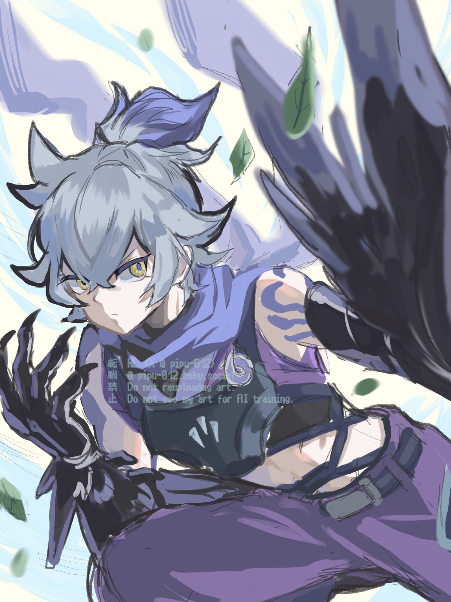 armor, bird_boy, bird_wings, blue_hair, blue_scarf, duel_monster, hair_between_eyes, highres, japanese_armor, midriff, ninja, pants, pipu_012, purple_pants, scarf, shoulder_tattoo, tagme, tattoo, tobari_the_sky_ninja, wings, yellow_eyes, yu-gi-oh!