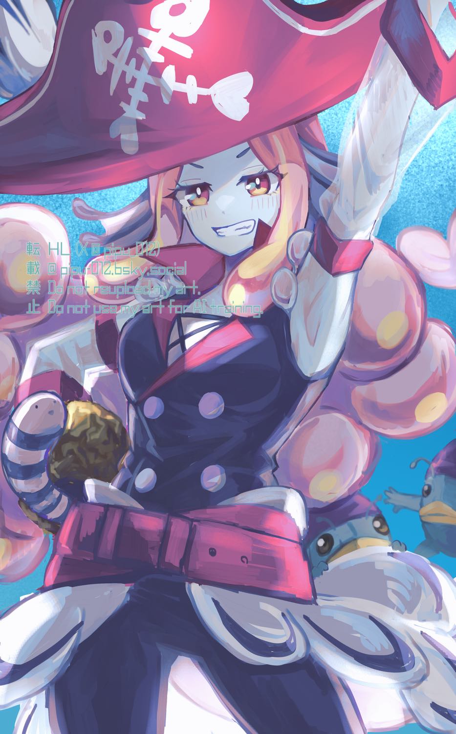 1girl, belt, blue_skin, colored_skin, duel_monster, fins, fish_girl, gold_pride_-_captain_carrie
