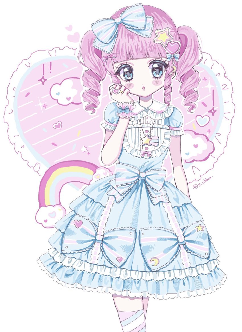 1girl, accurate_lolita_coord, blue_bow, blue_dress, blue_eyes, blunt_bangs, blush, bow
