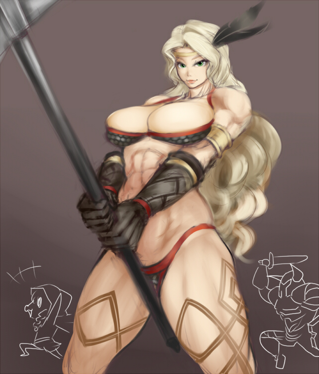 amazon, amazon_(dragon's_crown), amazon_(dragon's_crown), armlet, armor, axe, bikini, bikini_armor, blonde_hair, breasts, circlet, dragon's_crown, dragon's_crown, elf_(dragon's_crown), feathers, fighter_(dragon's_crown), gloves, green_eyes, large_breasts, long_hair, mafen, muscle, panties, solo, swimsuit, tatoo, tattoo, thick_thighs, thighs, thong, thong_bikini, underwear, vanillaware, weapon