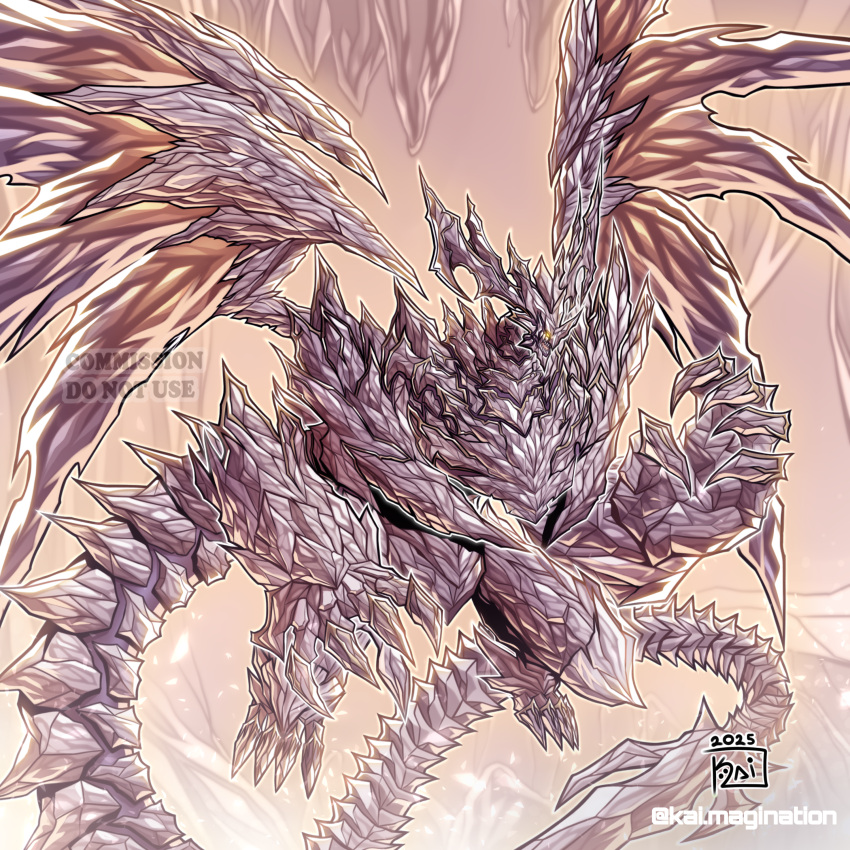 absurdres, cave, claws, dragon, dragon_wings, duel_monster, highres, kai.magination, primite_imperial_dragon, rock_arms, stalactite, tagme, tail, twitter_username, wings, yellow_eyes, yu-gi-oh!