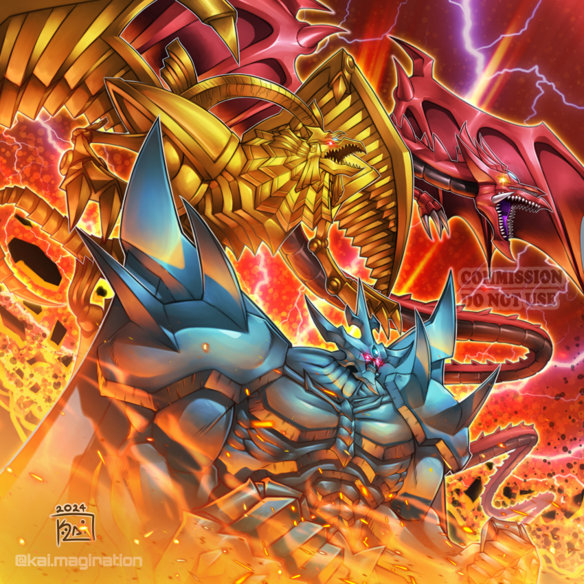 absurdres, artist_name, blue_skin, colored_skin, dragon, duel_monster, extra_mouth, fire