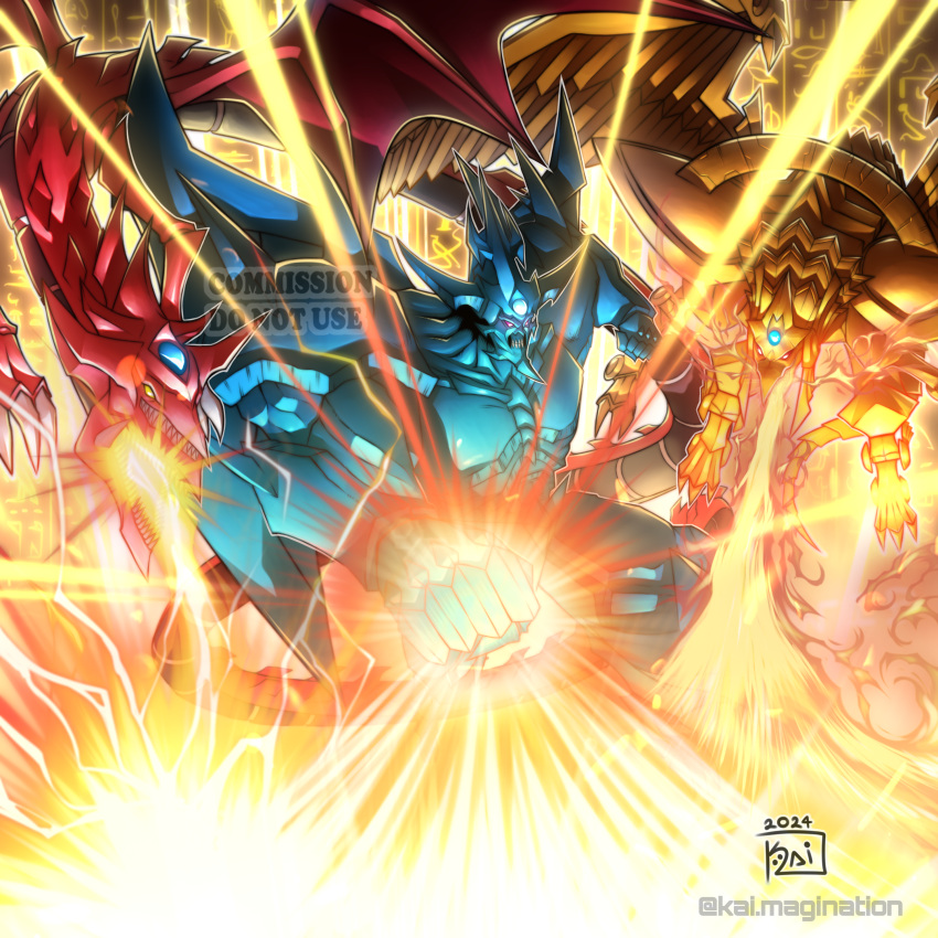 absurdres, artist_name, blue_skin, colored_skin, dragon, duel_monster, extra_mouth, fire