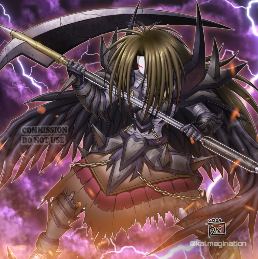 1girl, absurdres, alternate_costume, armor, black_wings, brown_hair, duel_monster, feathered_wings