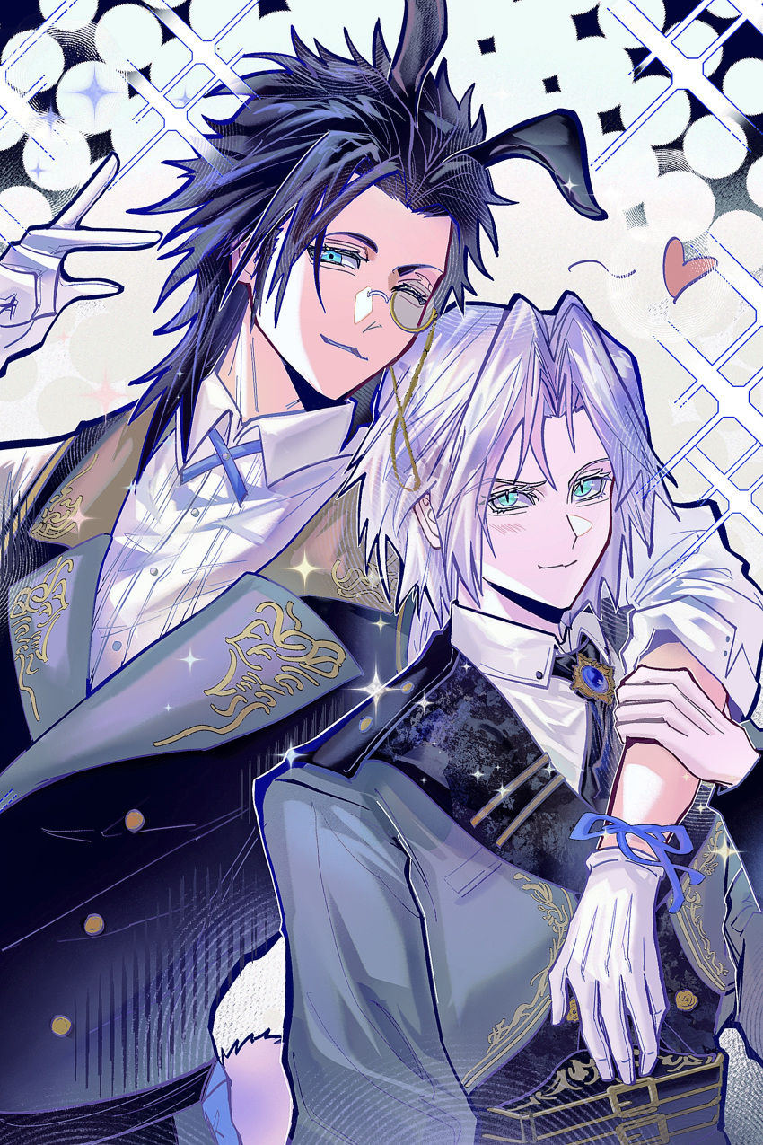 2boys, absurdres, animal_ears, aqua_eyes, arm_around_neck, black_hair, black_necktie, black_vest