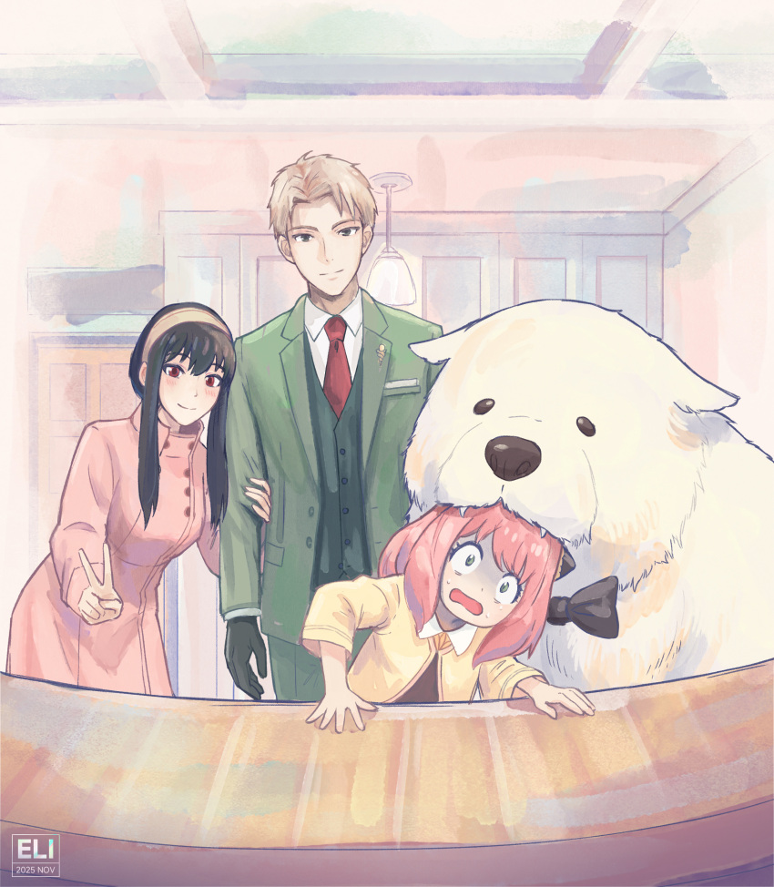 1boy, absurdres, anya_(spy_x_family), biting, biting_head, black_bow, black_bowtie, black_gloves