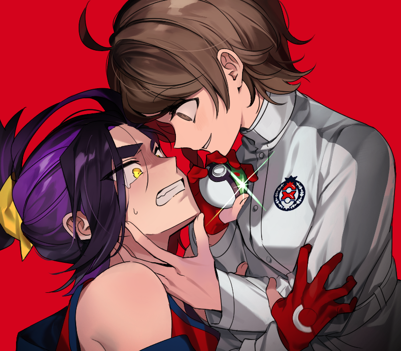 1boy, 1girl, ahoge, brown_eyes, brown_hair, buttons, clenched_teeth, commentary_request