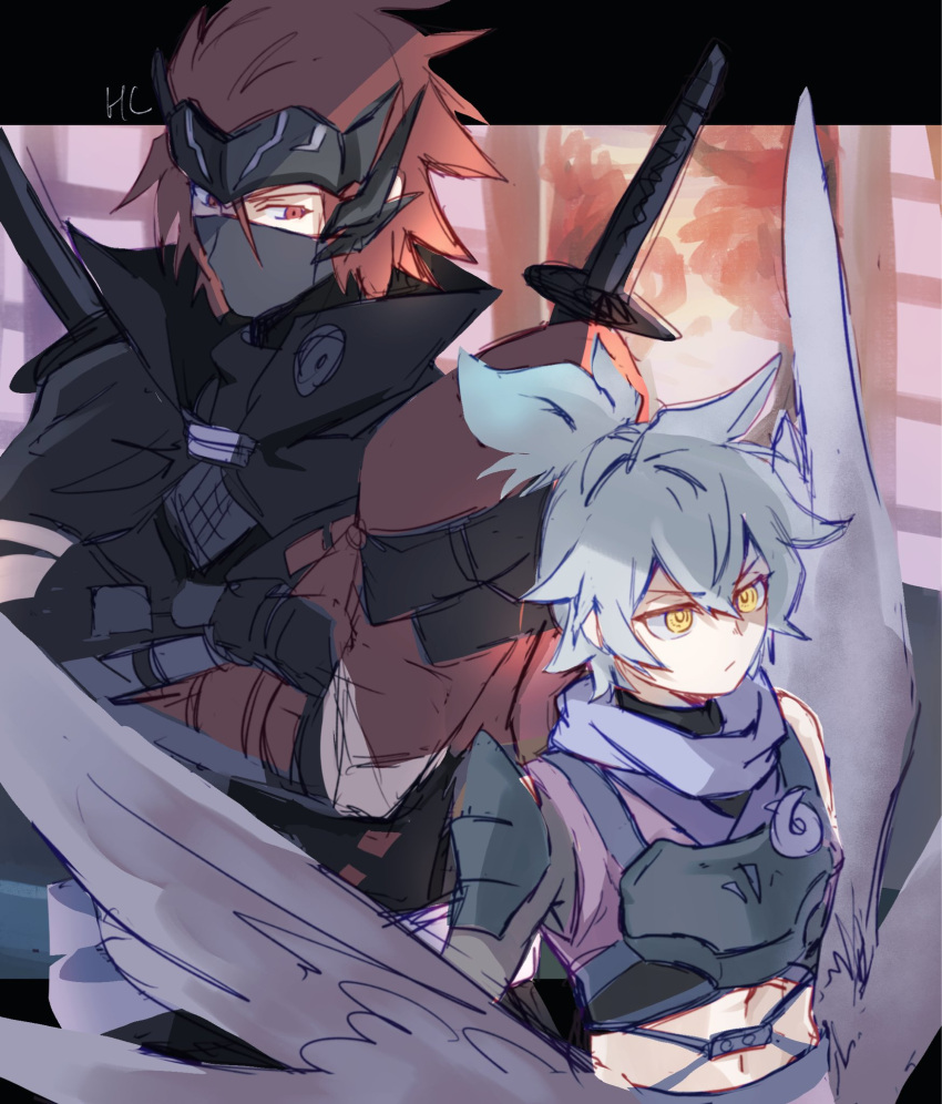 2boys, armor, duel_monster, forehead_protector, highres, male_focus, mask, meizen_the_battle_ninja