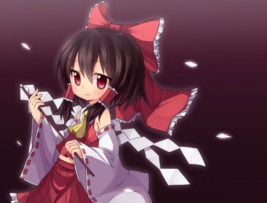 ascot, black_hair, bow, brown_hair, detached_sleeves, dress, gohei, hair_bow