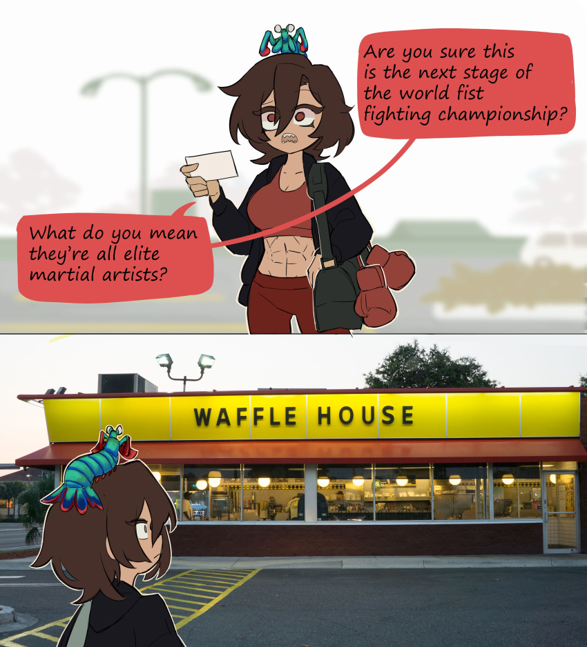 1girl, 1other, abs, absurdres, bag, blurry, blurry_background, boxing_gloves