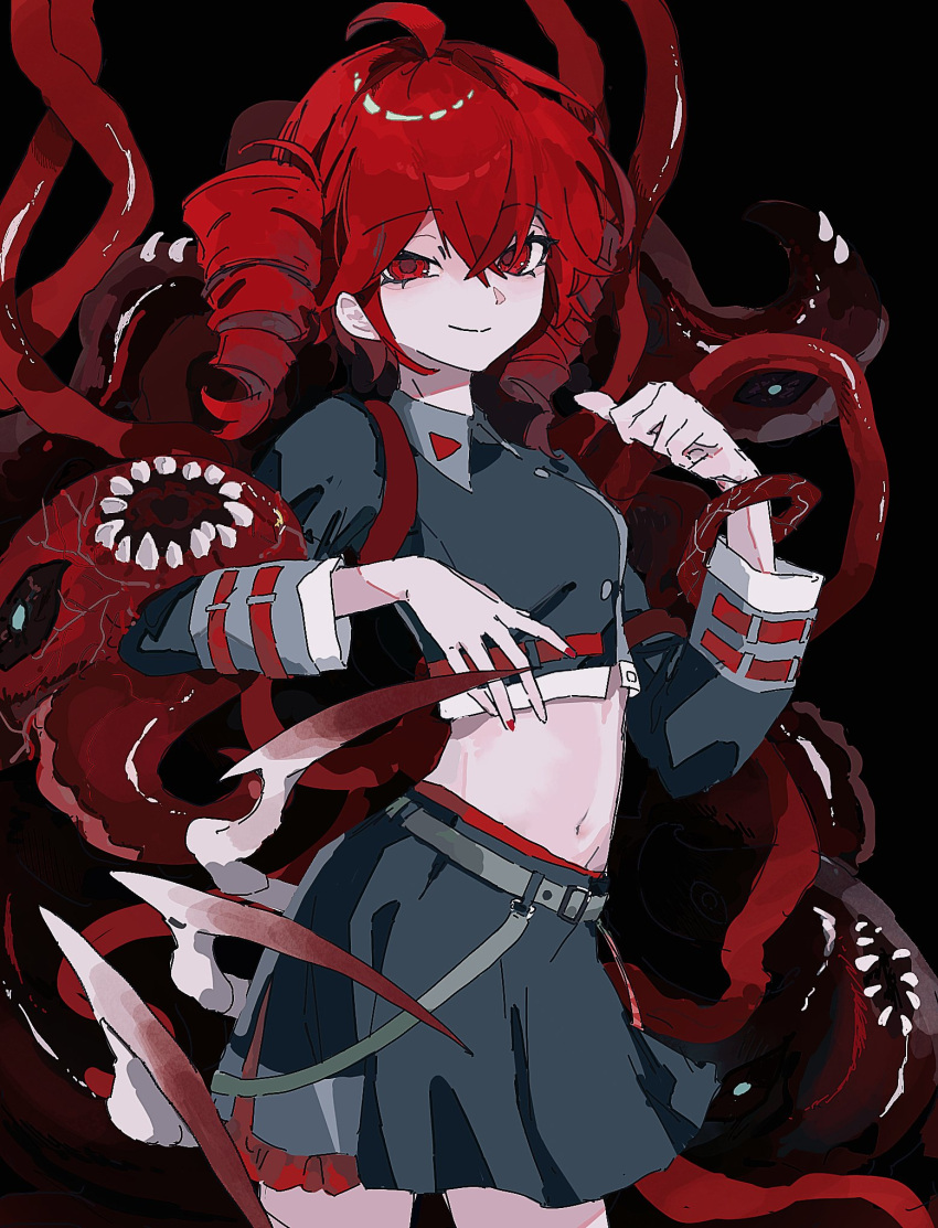 1girl, 1other, alternate_costume, belt, black_background, bloomers, collared_shirt, cropped_shirt, drill_hair, grey_shirt, grey_skirt, highres, kasane_teto, long_sleeves, looking_at_viewer, monster, multicolored_shirt, navel, nymphoides111, original, panties, panty_peek, pointing, pointing_at_self, red_bloomers, red_eyes, red_hair, shirt, skeletal_hand, skirt, smile, stomach, tentacle_with_mouth, tentacles, twin_drills, twintails, underwear, utau