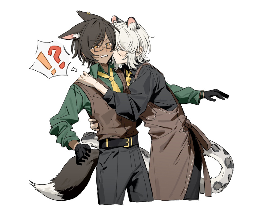 !?, 2girls, animal_ear_fluff, animal_ears, apron, belt, black_belt, black_gloves