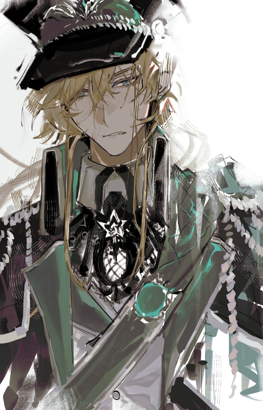 1boy, absurdres, aiguillette, aqua_eyes, ascot, backlighting, black_ascot, black_hat