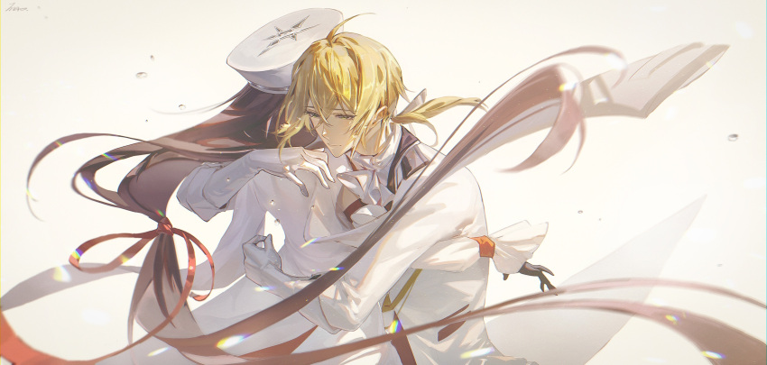 1boy, 1girl, ahoge, alkaid_mcgrath, alkaid_mcgrath_(awakening), ascot, black_gloves, blonde_hair