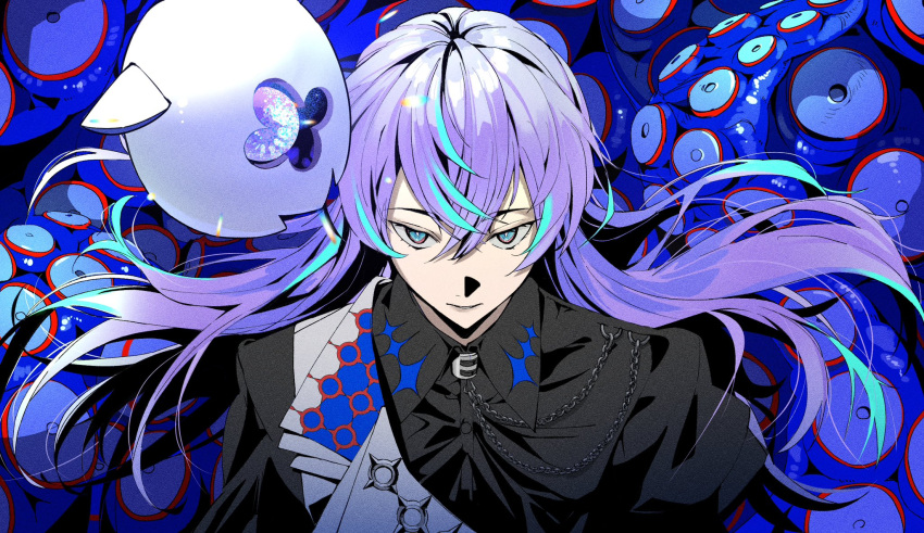 1boy, black_shirt, blue_eyes, collared_shirt, copyright_request, hair_between_eyes, highres, hoshirube_sho