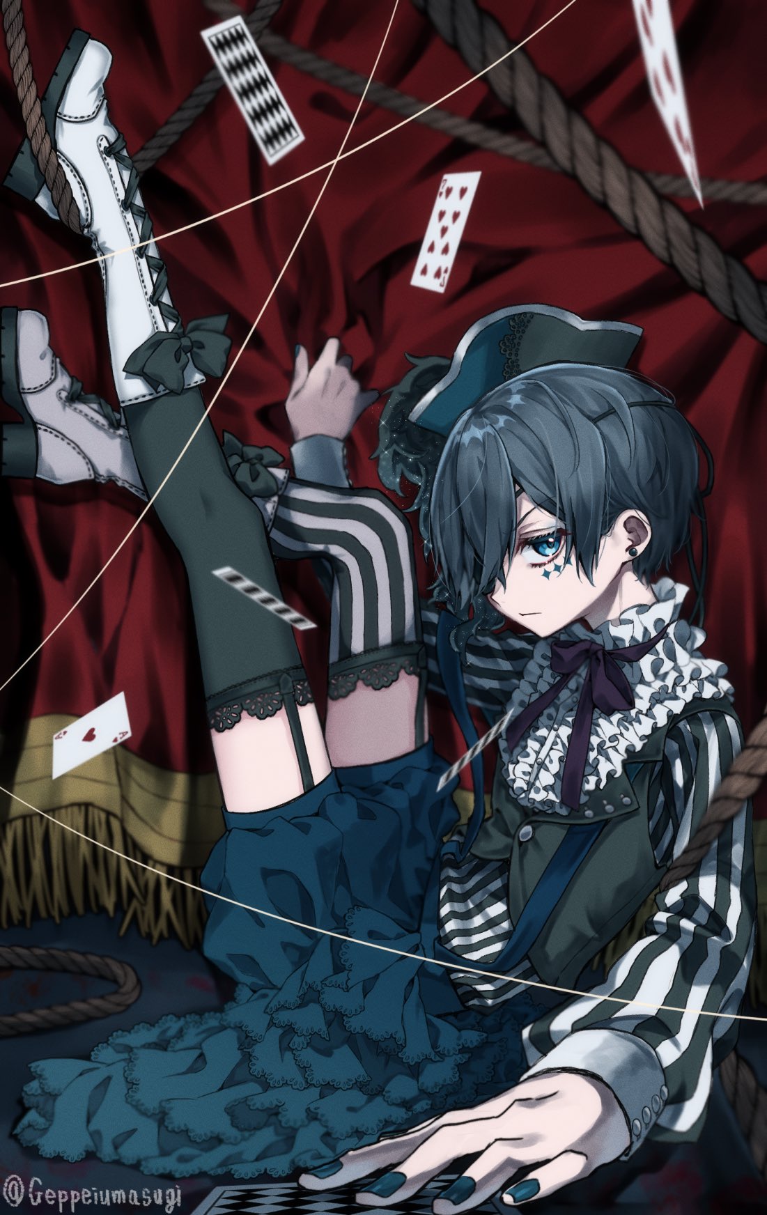 1boy, ace_(playing_card), ace_of_hearts, ascot, asymmetrical_legwear, behind_curtains, bicorne, black_bow, black_jacket, black_nails, black_thighhighs, bloomers, blue_eyes, blue_hair, blue_skirt, boots, bow, card, child, ciel_phantomhive, collar, cropped_jacket, curtains, earrings, eyepatch, facial_mark, footwear_bow, frilled_collar, frilled_skirt, frills, garter_straps, geppeiumasugi, hair_over_eyes, hat, hat_feather, heart, highres, holding, holding_card, jacket, jewelry, knee_boots, kuroshitsuji, lace-trimmed_thighhighs, lace-up_boots, lace_trim, legs_up, long_sleeves, looking_at_viewer, male_focus, mismatched_legwear, nail_polish, neck_ribbon, one_eye_covered, ouji_fashion, parted_bangs, playing_card, puffy_long_sleeves, puffy_sleeves, purple_ribbon, ribbon, seven_of_hearts, shirt, short_hair, shorts, shorts_under_skirt, sitting, skirt, sleeve_cuffs, solo, star_(symbol), star_facial_mark, striped_clothes, striped_shirt, striped_thighhighs, suit_jacket, suspenders, swept_bangs, thigh-highs, unamused, vertical-striped_clothes, vertical-striped_shirt, vertical-striped_thighhighs, white_ascot, white_boots, zettai_ryouiki