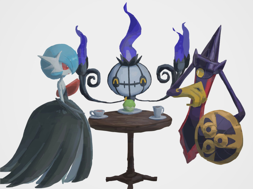 aegislash, black_dress, black_gloves, blue_hair, chandelure, colored_skin, cup, dress
