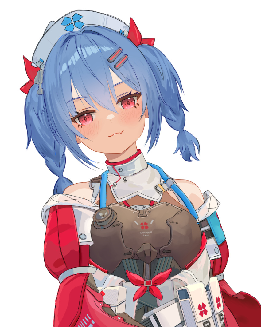 1girl, :3, bare_shoulders, blue_hair, blush, braid, breasts, colphne_(girls'_frontline_2)
