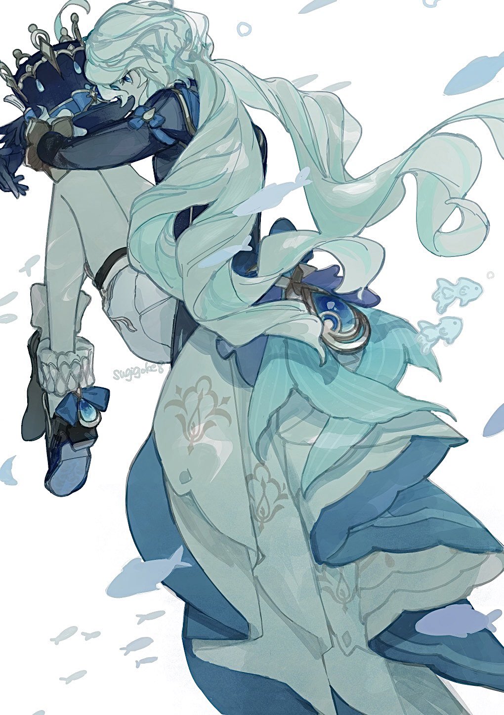 1girl, bare_legs, black_gloves, black_shoes, blue_hat, fish, furina_(genshin_impact), furina_(old_design)_(genshin_impact)